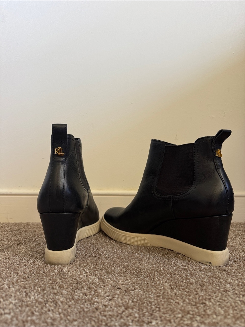 Ralph Lauren Black Leather Wedge Chelsea Boots with Cream Sole